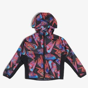 Nike Boys Packable Windbreaker Hooded Jacket Black/Multi Color NWT